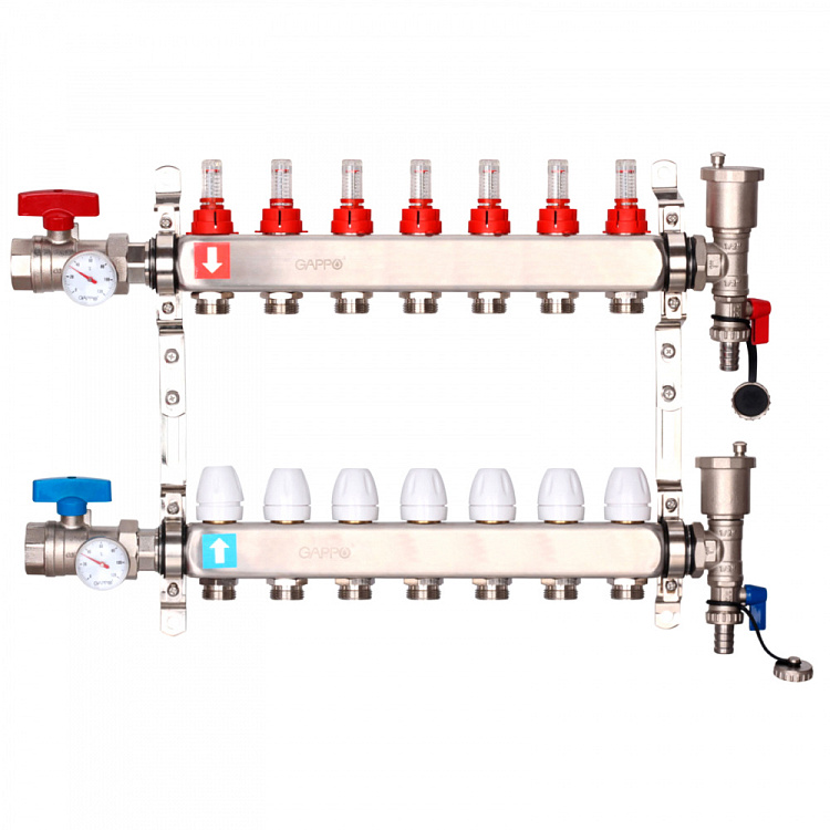 Коллектор регулируемый с расходомерами Gappo G422.7 7-вых. x1"x3/4" - gappo-rus.ru