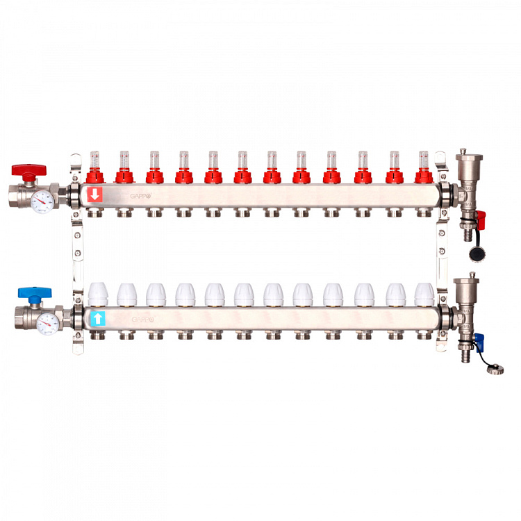 Коллектор регулируемый с расходомерами Gappo G422.12 12-вых. x1"x3/4" - gappo-rus.ru