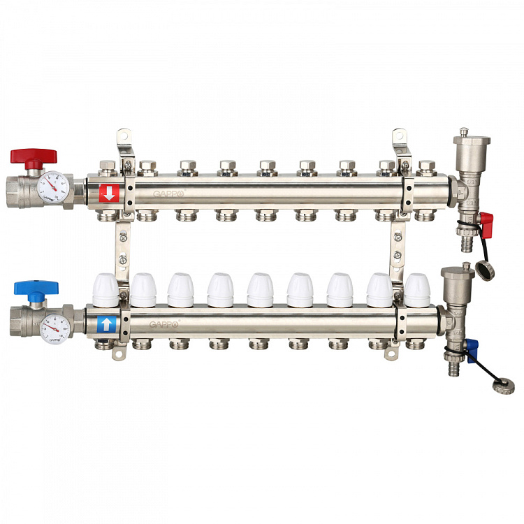Коллектор регулируемый с запорными клапанами Gappo G425.9 9-вых.x1"x3/4" - gappo-rus.ru