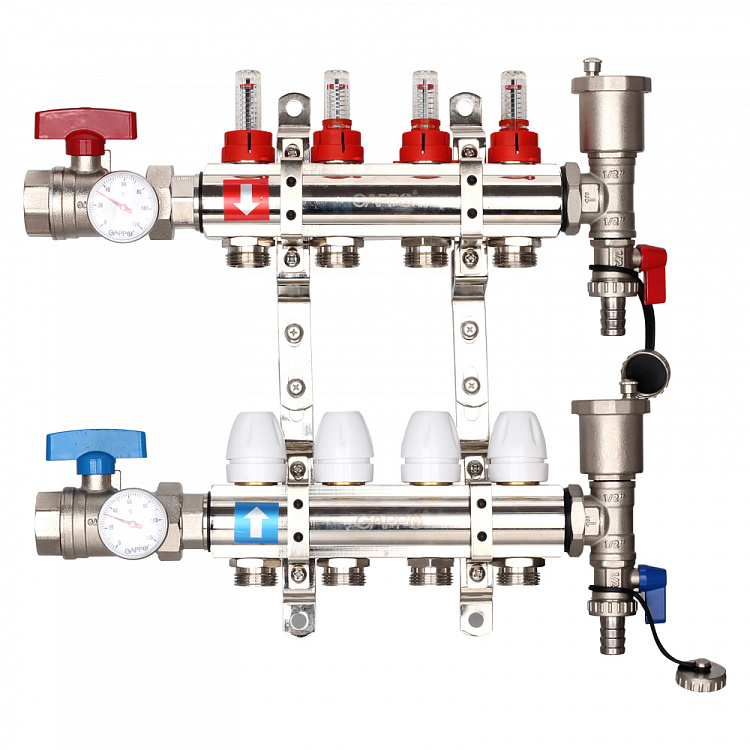 Коллектор регулируемый с расходомерами Gappo G421.4 4-вых. x1"x3/4" - gappo-rus.ru