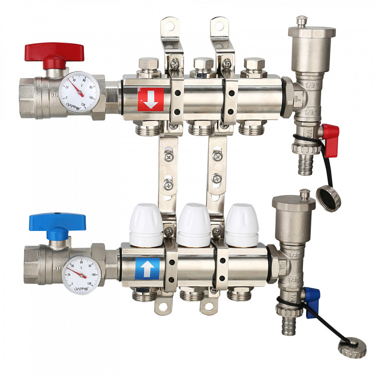 Коллектор регулируемый с запорными клапанами Gappo G425.3 3-вых.x1"x3/4" - gappo-rus.ru
