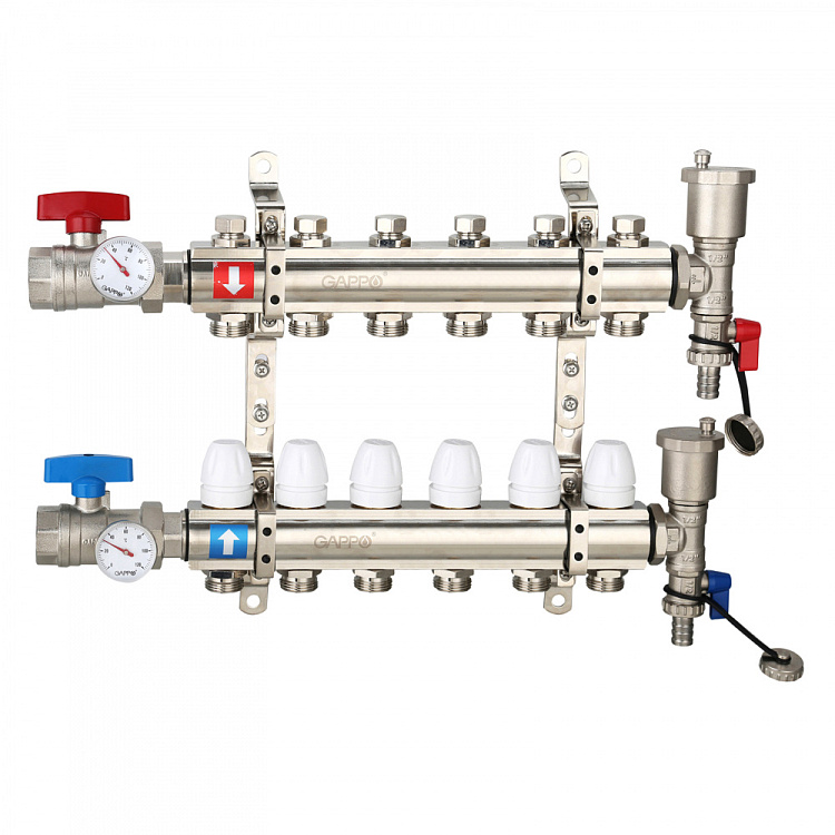 Коллектор регулируемый с запорными клапанами Gappo G425.6 6-вых.x1"x3/4" - gappo-rus.ru