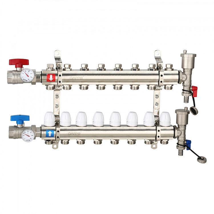 Коллектор регулируемый с запорными клапанами Gappo G425.8 8-вых.x1"x3/4" - gappo-rus.ru