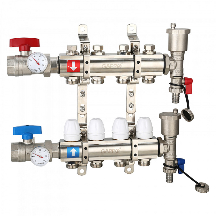 Коллектор регулируемый с запорными клапанами Gappo G425.4 4-вых.x1"x3/4" - gappo-rus.ru
