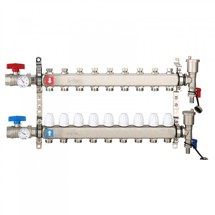 Коллектор регулируемый с запорными клапанами Gappo G426.9 9-вых.x1"x3/4" - gappo-rus.ru