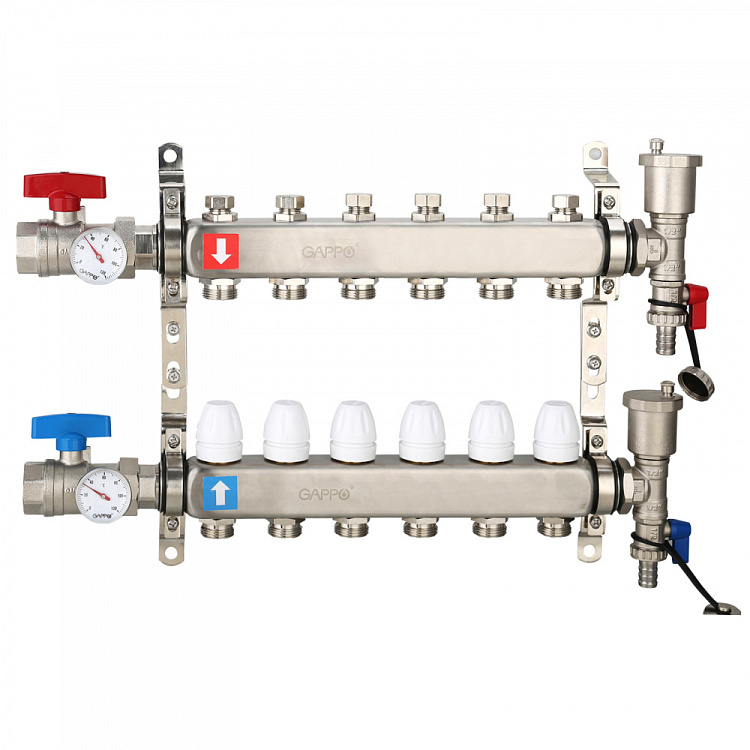 Коллектор регулируемый с запорными клапанами Gappo G426.6 6-вых.x1"x3/4" - gappo-rus.ru