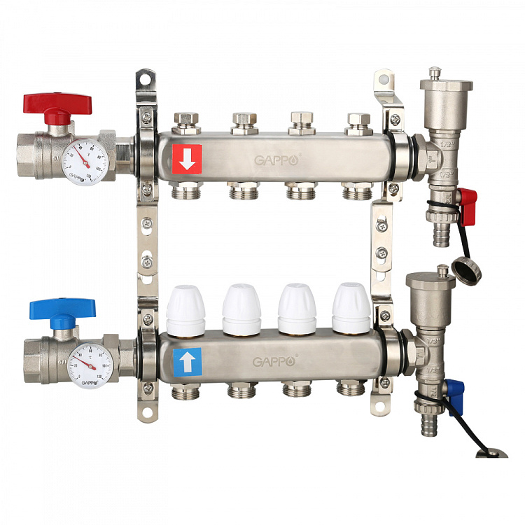 Коллектор регулируемый с запорными клапанами Gappo G426.4 4-вых.x1"x3/4" - gappo-rus.ru