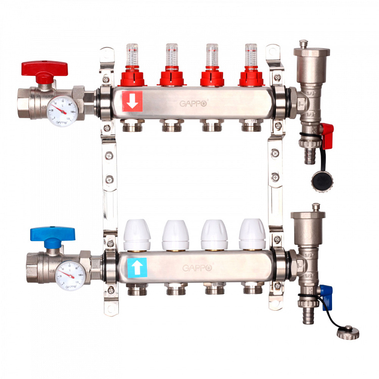 Коллектор регулируемый с расходомерами Gappo G422.4 4-вых. x1"x3/4" - gappo-rus.ru