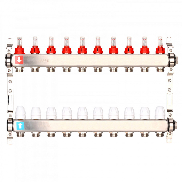 Коллектор регулируемый с расходомерами Gappo G424.10 10-вых. x1"x3/4" - gappo-rus.ru