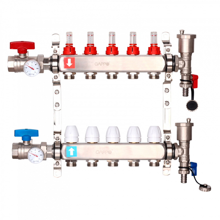 Коллектор регулируемый с расходомерами Gappo G422.5 5-вых. x1"x3/4" - gappo-rus.ru